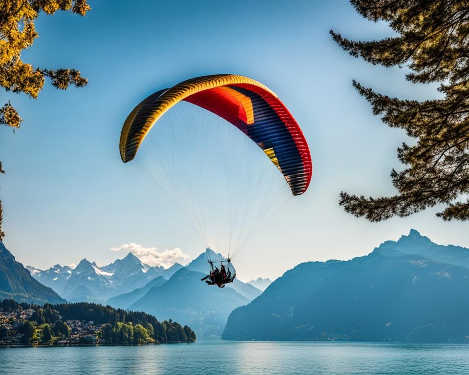 Zwitserland: Paragliden over het meer van Luzern.